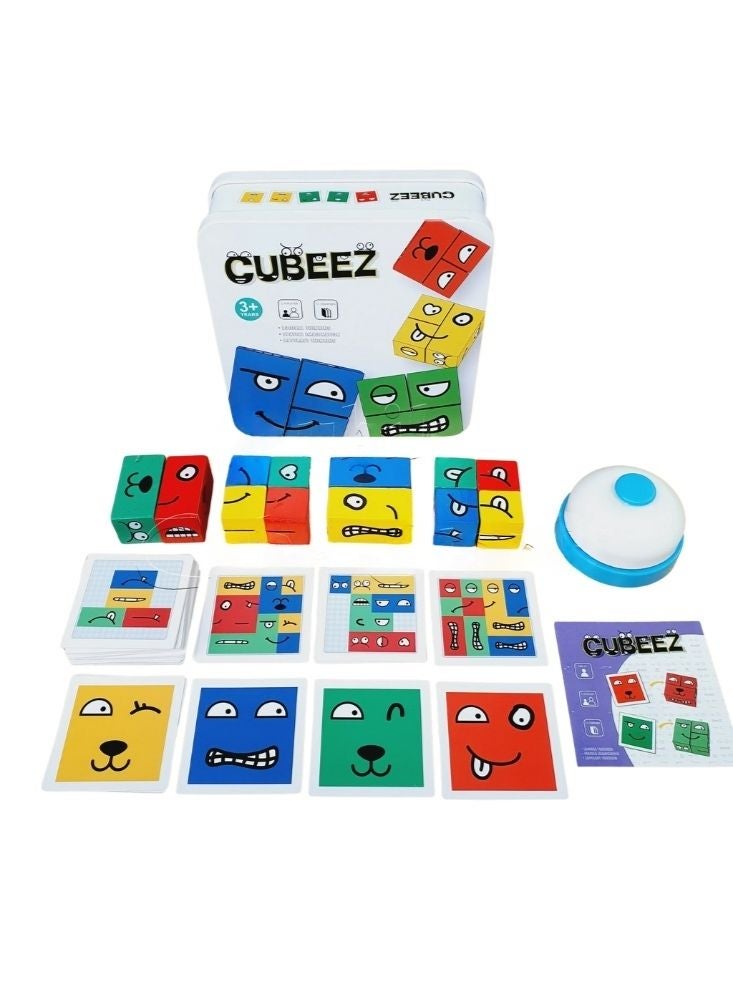 بريميم لعبة ألغاز تعابير الوجه من كيوبيز - لعبة تعليمية للأطفال تعتمد على المنطق والسرعة في المطابقة، مزودة ببطاقات التعرف على المشاعر وجرس مؤقت. - Image 1